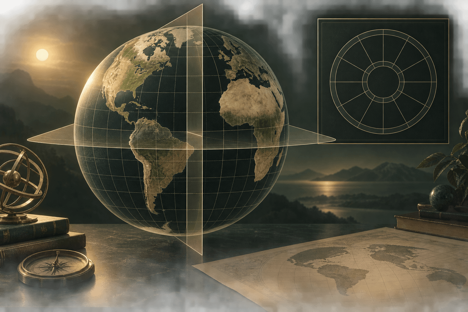 Globus z siatką geograficzną i symbolami planet jako mapa astrokartograficzna