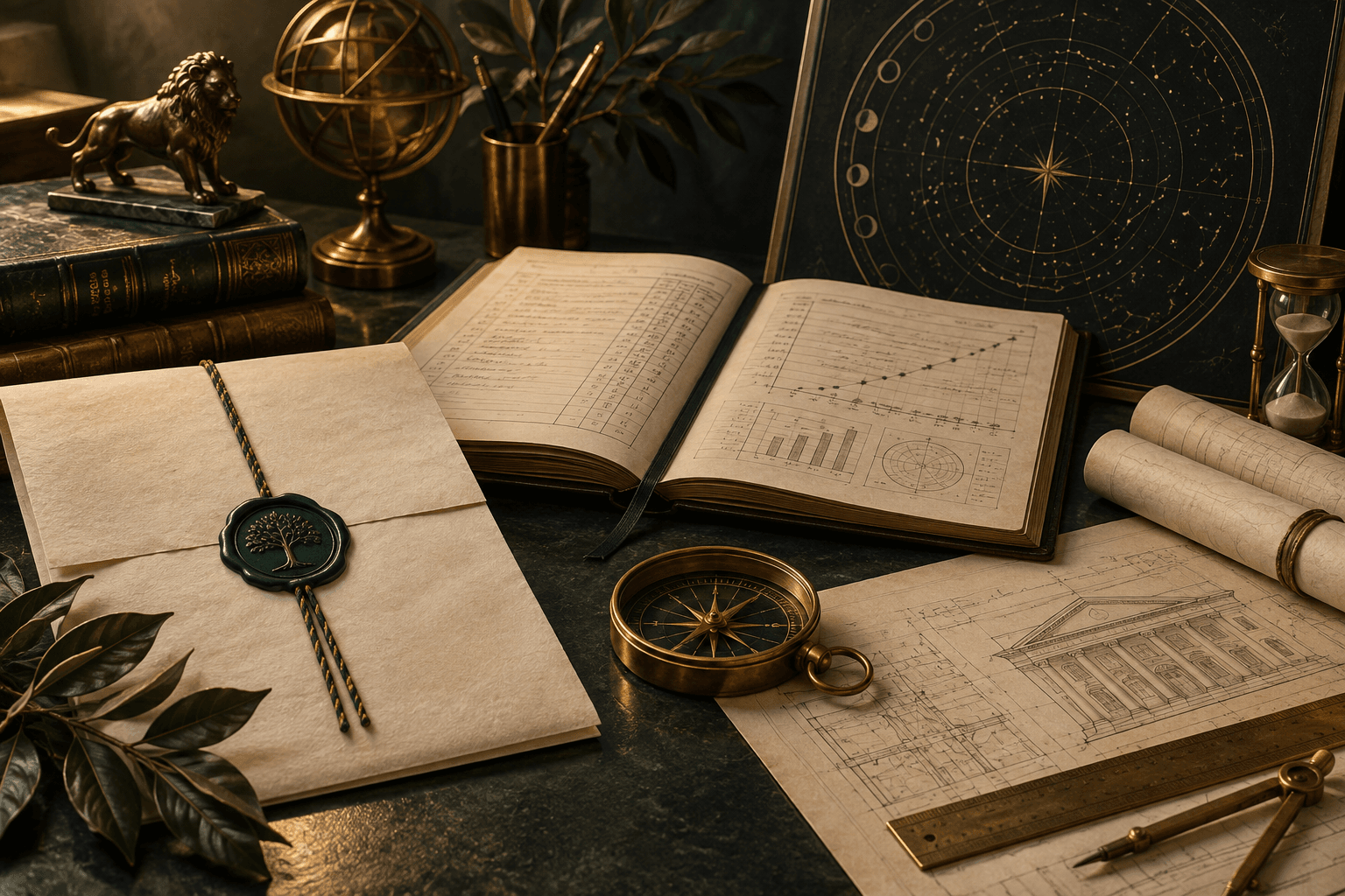 Zapieczętowany dokument, księga i kompas jako symbol astrologii biznesowej