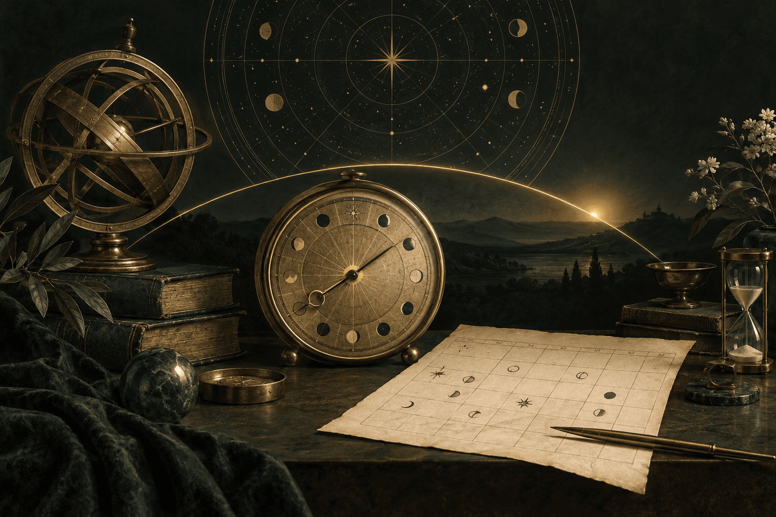 Zegar, kalendarz i instrument astronomiczny jako symbol wyboru momentu astrologicznego