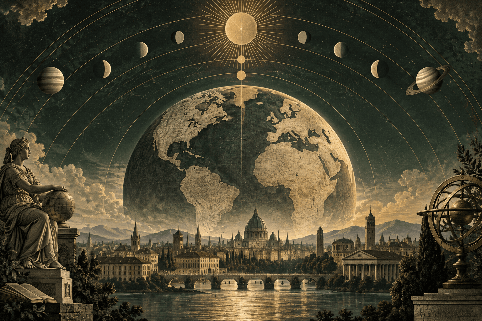 Złoty glob nad sylwetą miasta jako symbol astrologii mundalnej