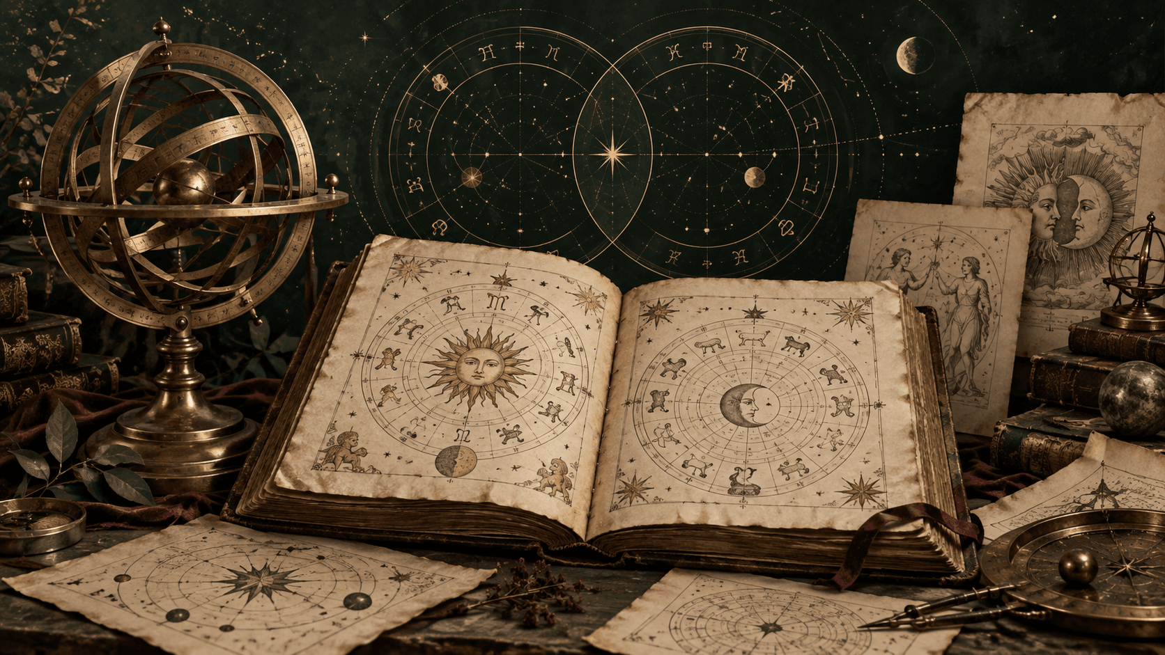 Archiwalna księga astrologiczna, sfera armilarna i dwa nakładające się kosmogramy.