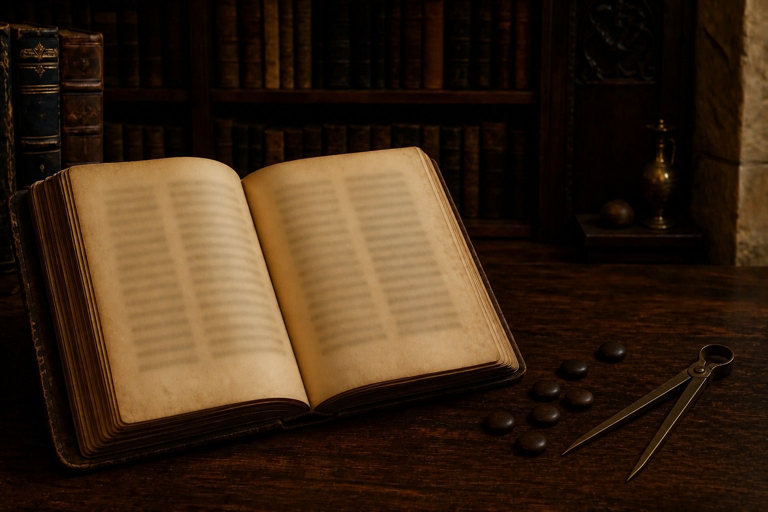 Otwarta stara księga w archiwalnej bibliotece, obok kamieni do liczenia i mosiężnego cyrkla