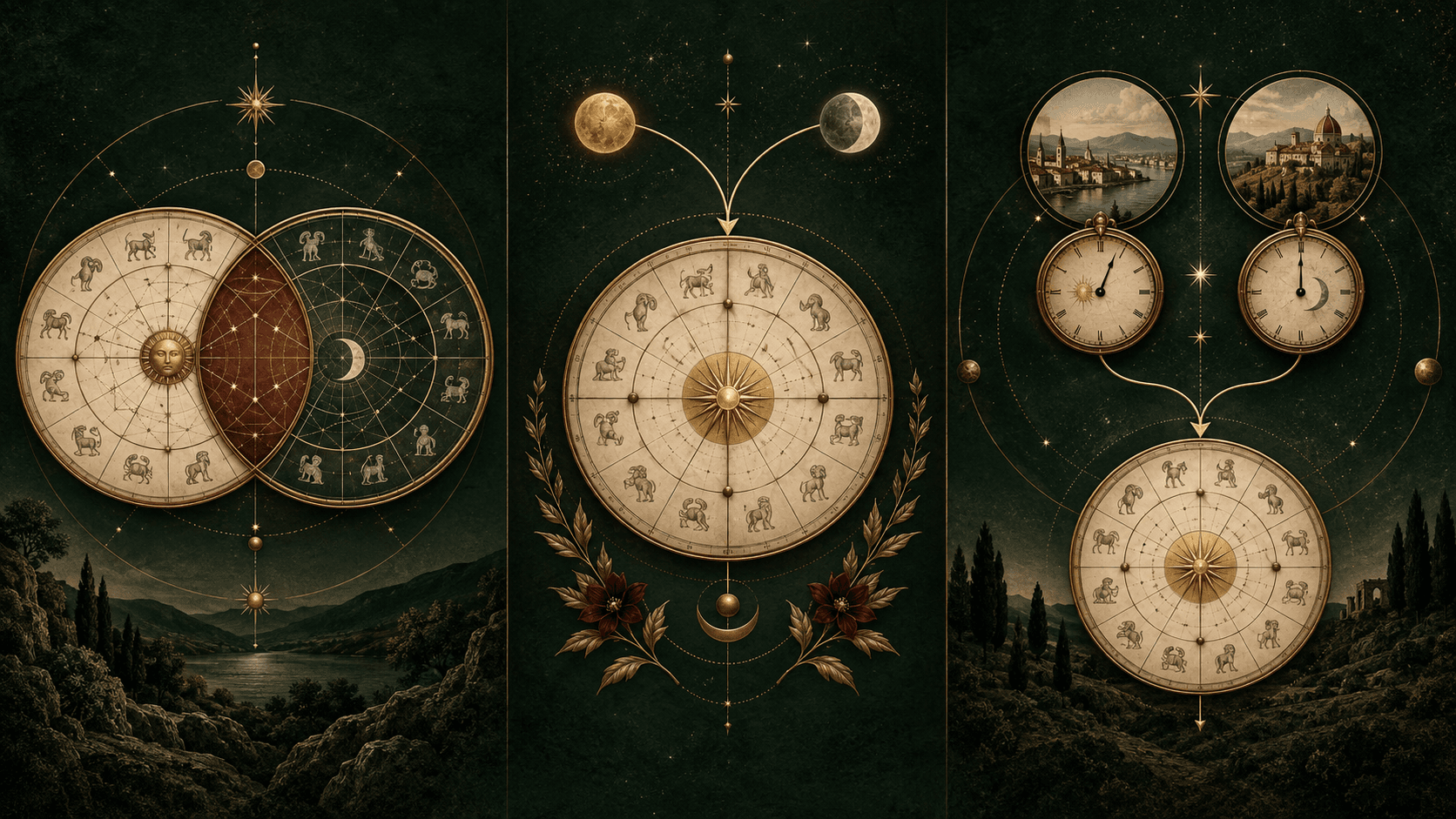 Trzy konstrukcje astrologii relacyjnej: synastria, kompozyt i Davison.